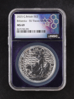 2025 G.Britain £2 Britannia, S.S. Tilawa Privy - Made from WWII Sunken S.S. Tilawa Recovered Silver - 1oz .999 Fine Silver (NGC MS69) at PristineAuction.com