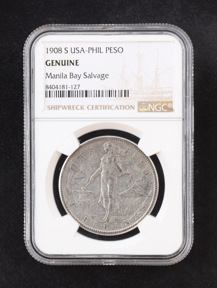 1908-S United States-Philippines Silver Peso, Salvaged from Manila Bay - Shipwreck Certification (NGC Genuine) at PristineAuction.com 1908-S United States-Philippines Silver Peso, Salvaged from Manila Bay - Shipwreck Certification (NGC Genuine) at PristineAuction.com