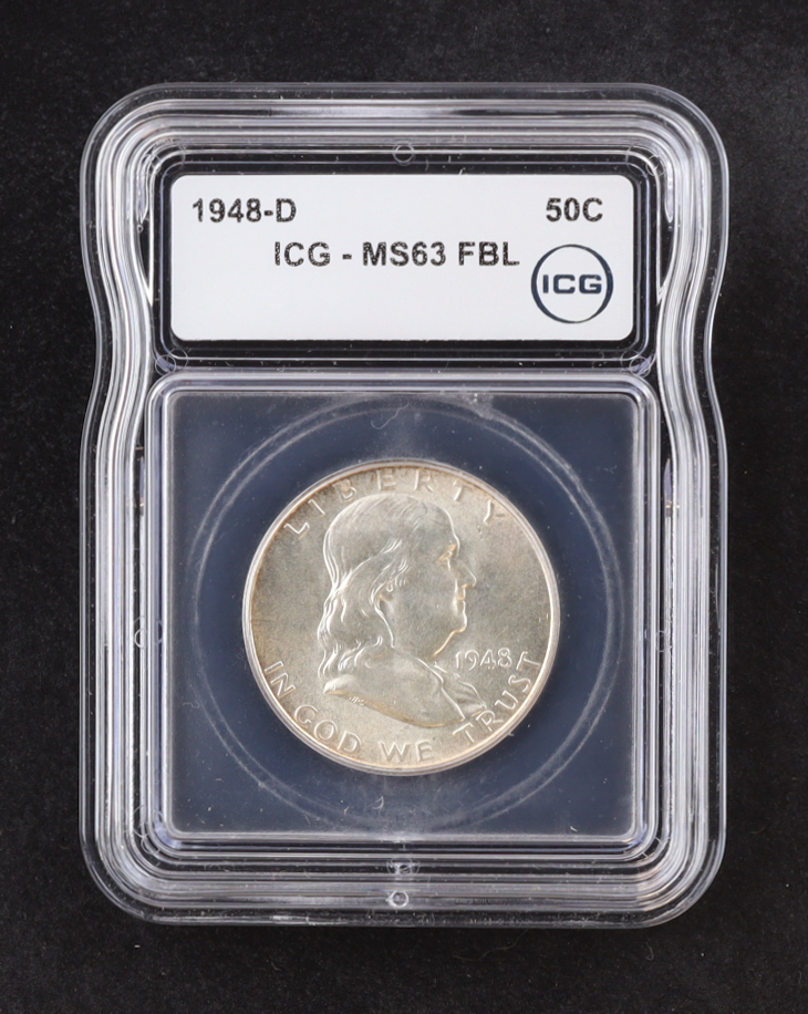 1948-D Franklin 50C Silver Half Dollar, Full Bell Lines (ICG MS63 FBL) at PristineAuction.com 1948-D Franklin 50C Silver Half Dollar, Full Bell Lines (ICG MS63 FBL) at PristineAuction.com