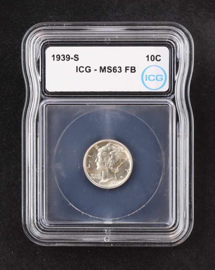 1939-S Mercury Silver 10C Dime, Full Bands (ICG MS63 FB) at PristineAuction.com 1939-S Mercury Silver 10C Dime, Full Bands (ICG MS63 FB) at PristineAuction.com