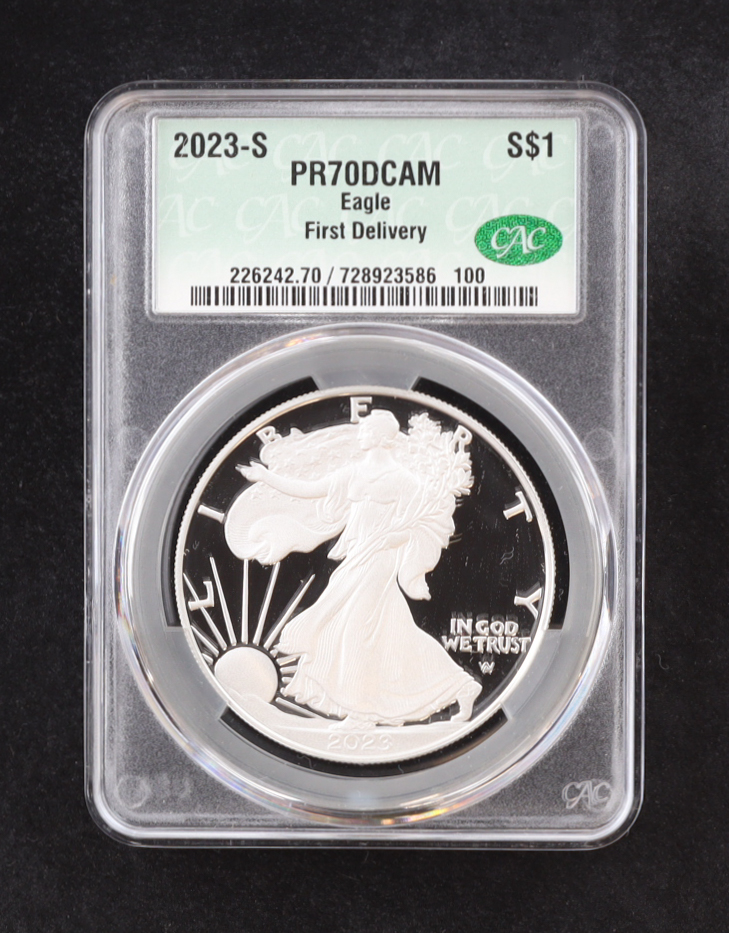 2023-S Proof American Silver Eagle, First Delivery (CAC PR70DCAM) at PristineAuction.com 2023-S Proof American Silver Eagle, First Delivery (CAC PR70DCAM) at PristineAuction.com