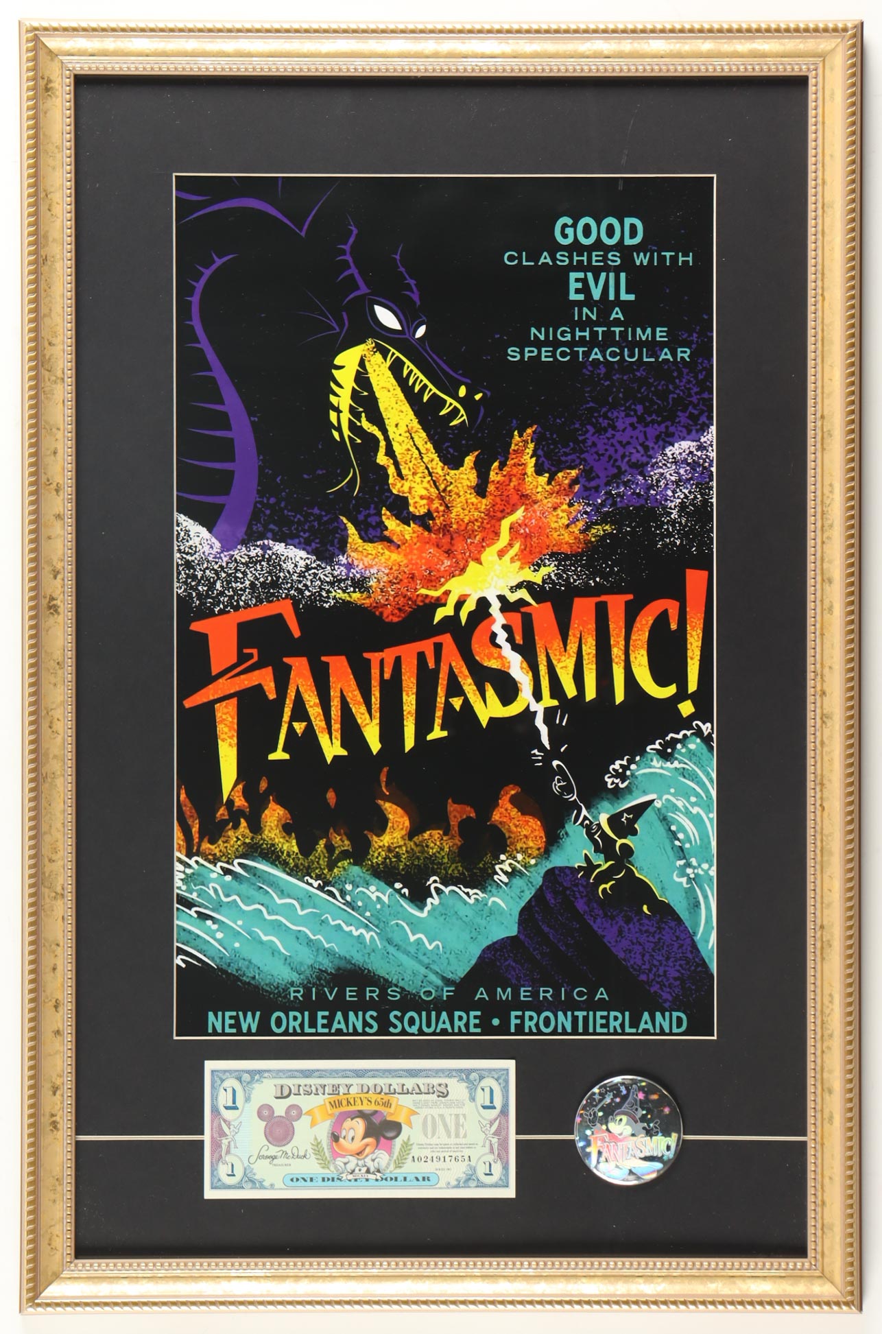 Disneyland "Fantasmic" Custom Framed Poster Print with Vintage Unused Disney Dollar & Vintage Holo Pin at PristineAuction.com Disneyland "Fantasmic" Custom Framed Poster Print with Vintage Unused Disney Dollar & Vintage Holo Pin at PristineAuction.com