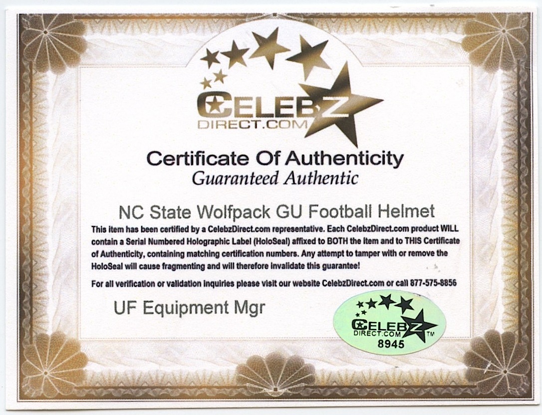NC State Worlfpack Game-Used Football Helmet (Celebz Direct COA) at PristineAuction.com NC State Worlfpack Game-Used Football Helmet (Celebz Direct COA) at PristineAuction.com