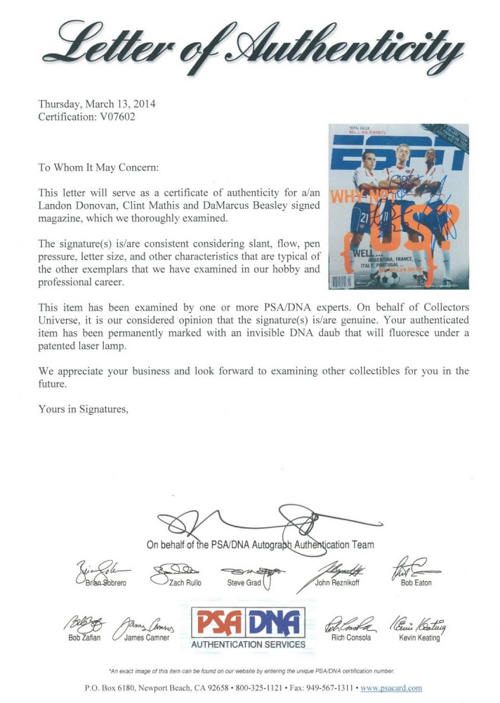 Landon Donovan, Clint Mathis & DaMarcus Beasley Signed ESPN Magazine (PSA LOA) at PristineAuction.com Landon Donovan, Clint Mathis & DaMarcus Beasley Signed ESPN Magazine (PSA LOA) at PristineAuction.com