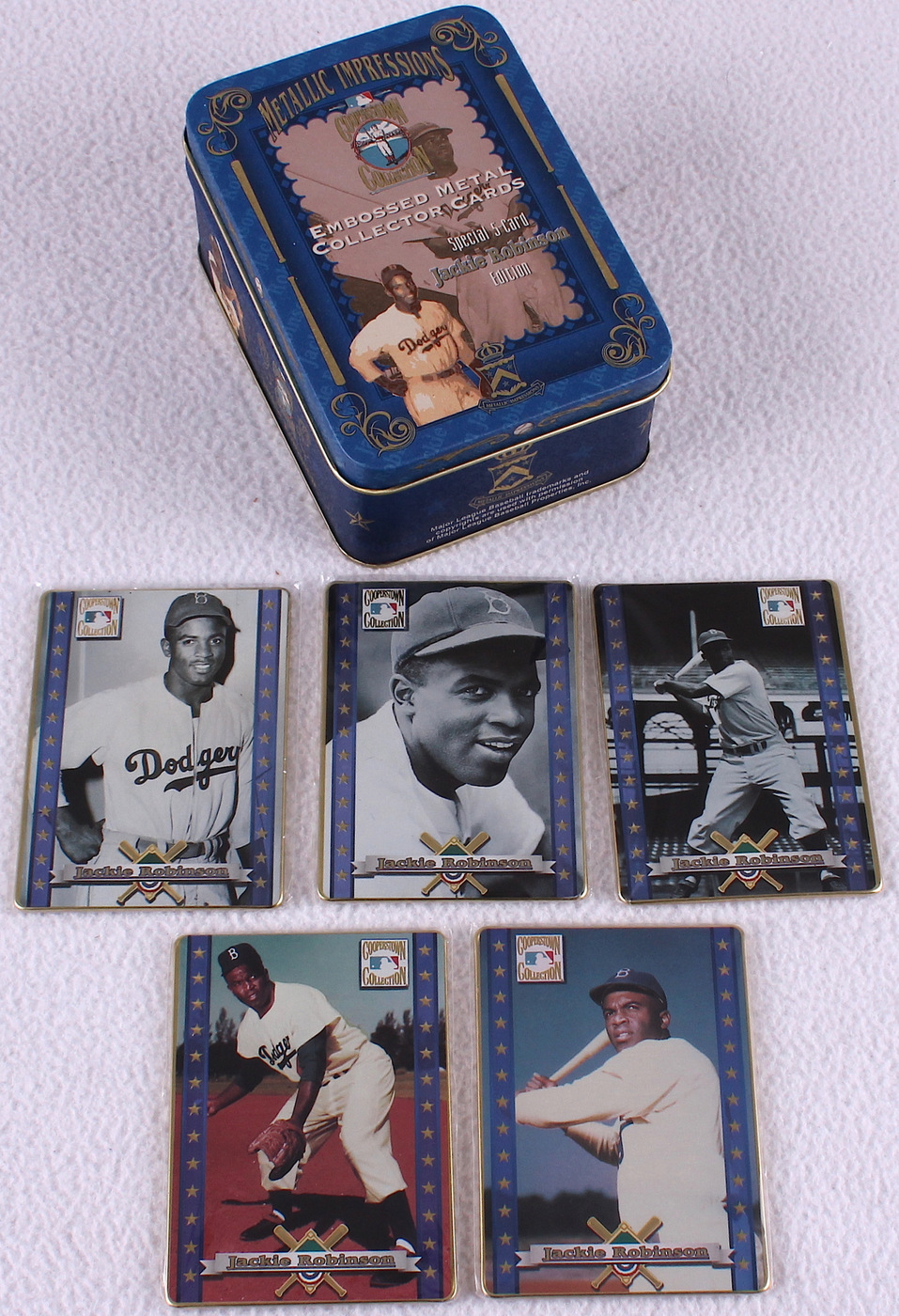 Complete Set of (5) Metallic Impressions Jackie Robinson Embossed Metal Collector Cards in Original Tin at PristineAuction.com Complete Set of (5) Metallic Impressions Jackie Robinson Embossed Metal Collector Cards in Original Tin at PristineAuction.com