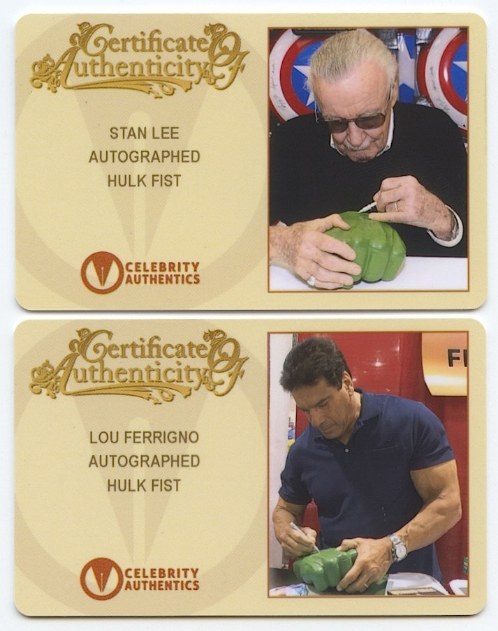 Stan Lee & Lou Ferrigno Dual Signed Full-Size "The Incredible Hulk" Fist Set (Celebrity Authentics COA) at PristineAuction.com Stan Lee & Lou Ferrigno Dual Signed Full-Size "The Incredible Hulk" Fist Set (Celebrity Authentics COA) at PristineAuction.com