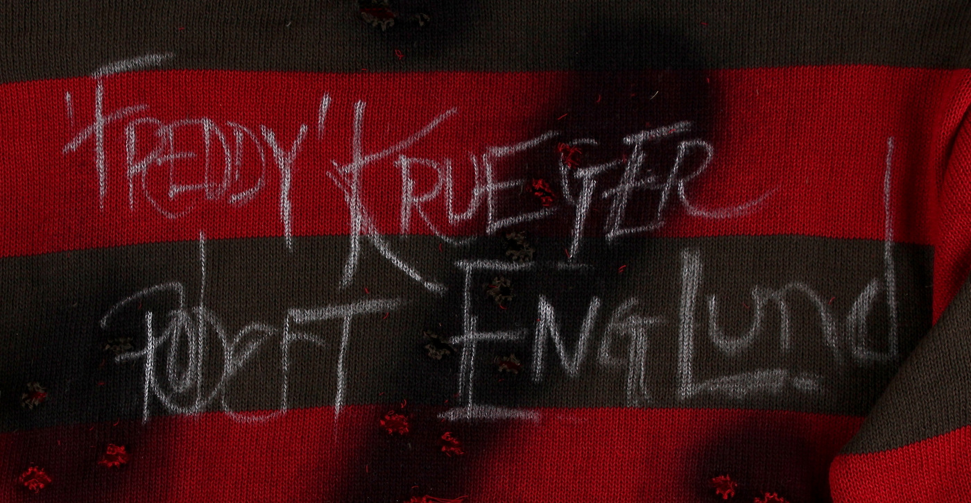Robert Englund Signed "A Nightmare on Elm Street" Freddy Krueger Sweater Inscribed "Freddy Krueger" (Robert Englund COA) at PristineAuction.com Robert Englund Signed "A Nightmare on Elm Street" Freddy Krueger Sweater Inscribed "Freddy Krueger" (Robert Englund COA) at PristineAuction.com