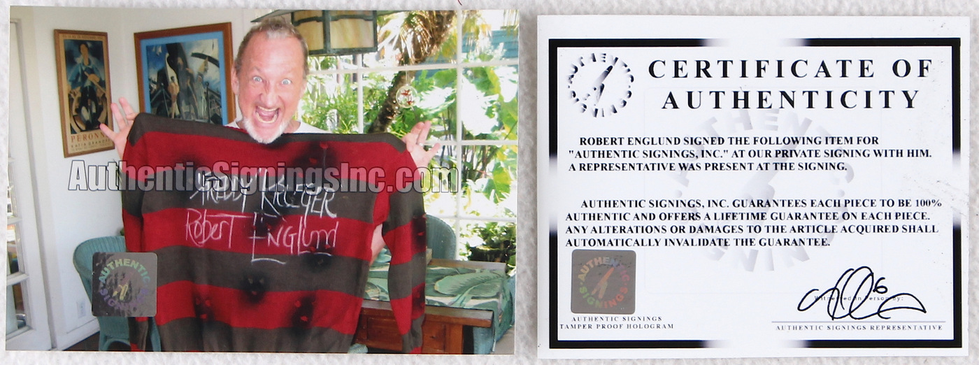 Robert Englund Signed "A Nightmare on Elm Street" Freddy Krueger Sweater Inscribed "Freddy Krueger" (Robert Englund COA) at PristineAuction.com Robert Englund Signed "A Nightmare on Elm Street" Freddy Krueger Sweater Inscribed "Freddy Krueger" (Robert Englund COA) at PristineAuction.com