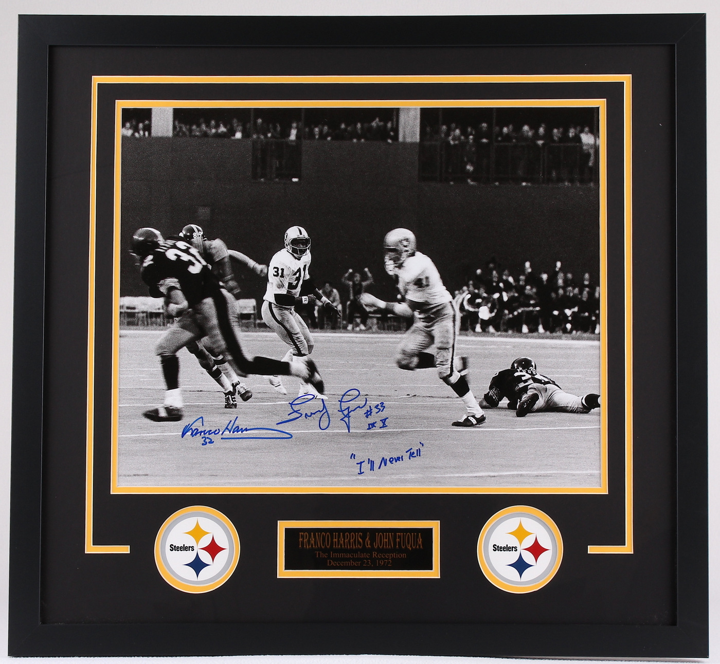 Franco Harris & John Fuqua Signed "The Immaculate Reception" Steelers 26x28 Custom Framed Photo Display Inscribed "I'll Never Tell" (TSE COA) at PristineAuction.com Franco Harris & John Fuqua Signed "The Immaculate Reception" Steelers 26x28 Custom Framed Photo Display Inscribed "I'll Never Tell" (TSE COA) at PristineAuction.com