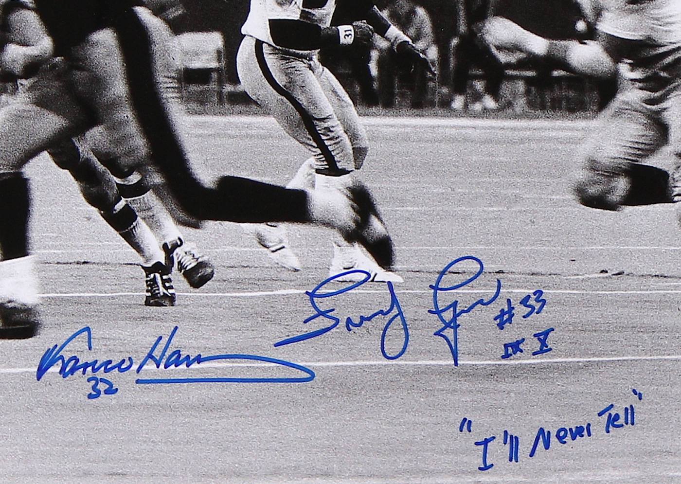 Franco Harris & John Fuqua Signed "The Immaculate Reception" Steelers 26x28 Custom Framed Photo Display Inscribed "I'll Never Tell" (TSE COA) at PristineAuction.com Franco Harris & John Fuqua Signed "The Immaculate Reception" Steelers 26x28 Custom Framed Photo Display Inscribed "I'll Never Tell" (TSE COA) at PristineAuction.com