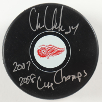 Chris Chelios Signed Red Wings Logo Hockey Puck Inscribed "2002, 2008 Cup Champs" (Schwartz) at PristineAuction.com