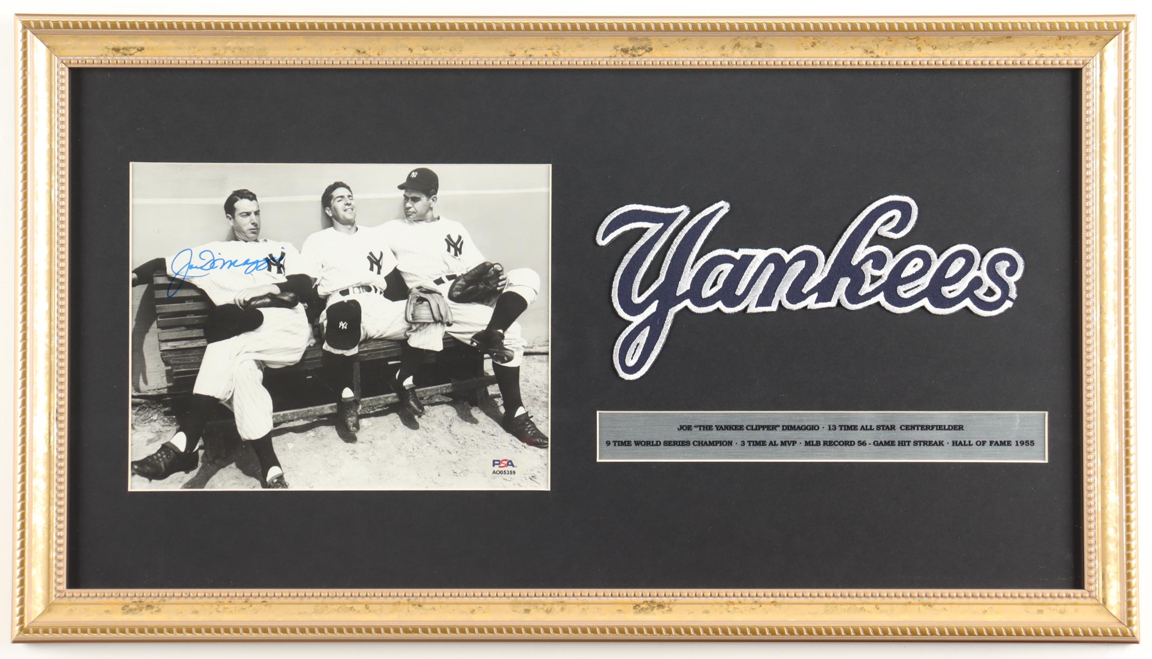 Joe DiMaggio Signed Yankees Custom Framed Photo Display with Large Yankees Uniform Patch & Full Career Statistics Plaque (PSA) at PristineAuction.com Joe DiMaggio Signed Yankees Custom Framed Photo Display with Large Yankees Uniform Patch & Full Career Statistics Plaque (PSA) at PristineAuction.com
