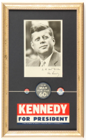John F. Kennedy Custom Framed Vintage Photo Display with (3) 1960 Original Campaign Pins & 1960 Campaign Bumper Sticker at PristineAuction.com