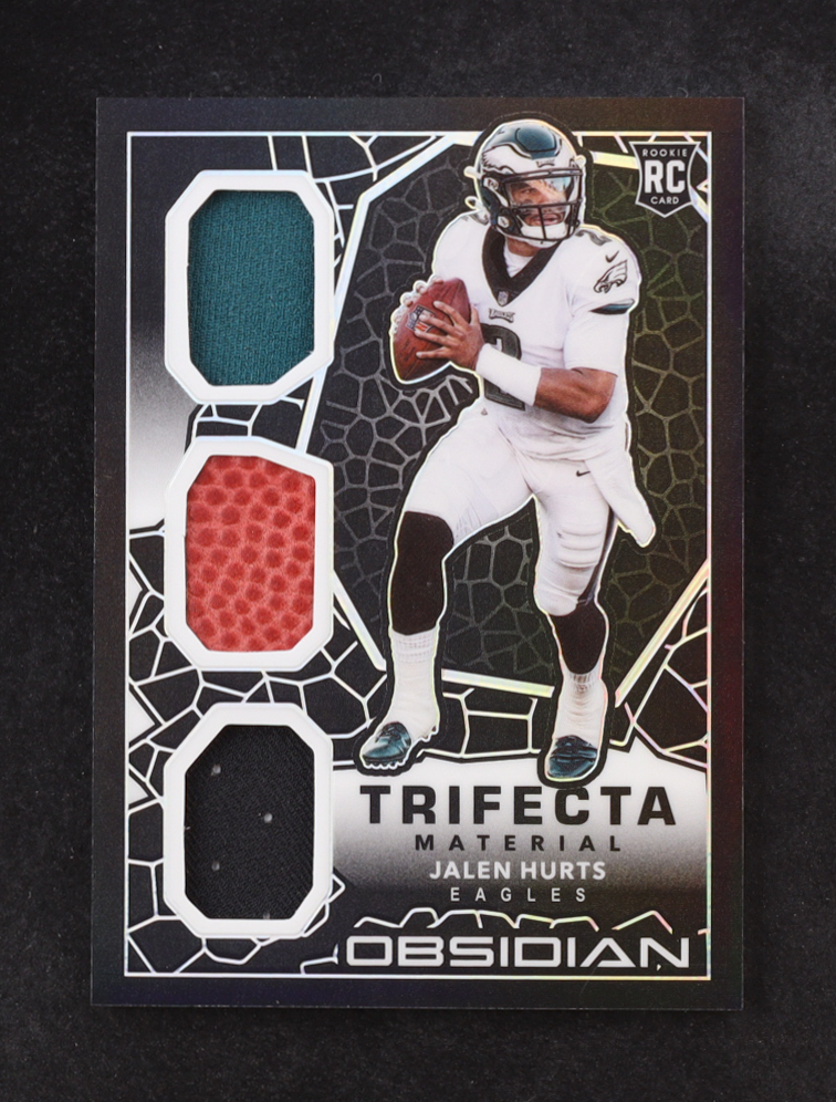 Jalen Hurts 2020 Panini Obsidian Trifecta Materials #22 RC #043/100 at PristineAuction.com Jalen Hurts 2020 Panini Obsidian Trifecta Materials #22 RC #043/100 at PristineAuction.com