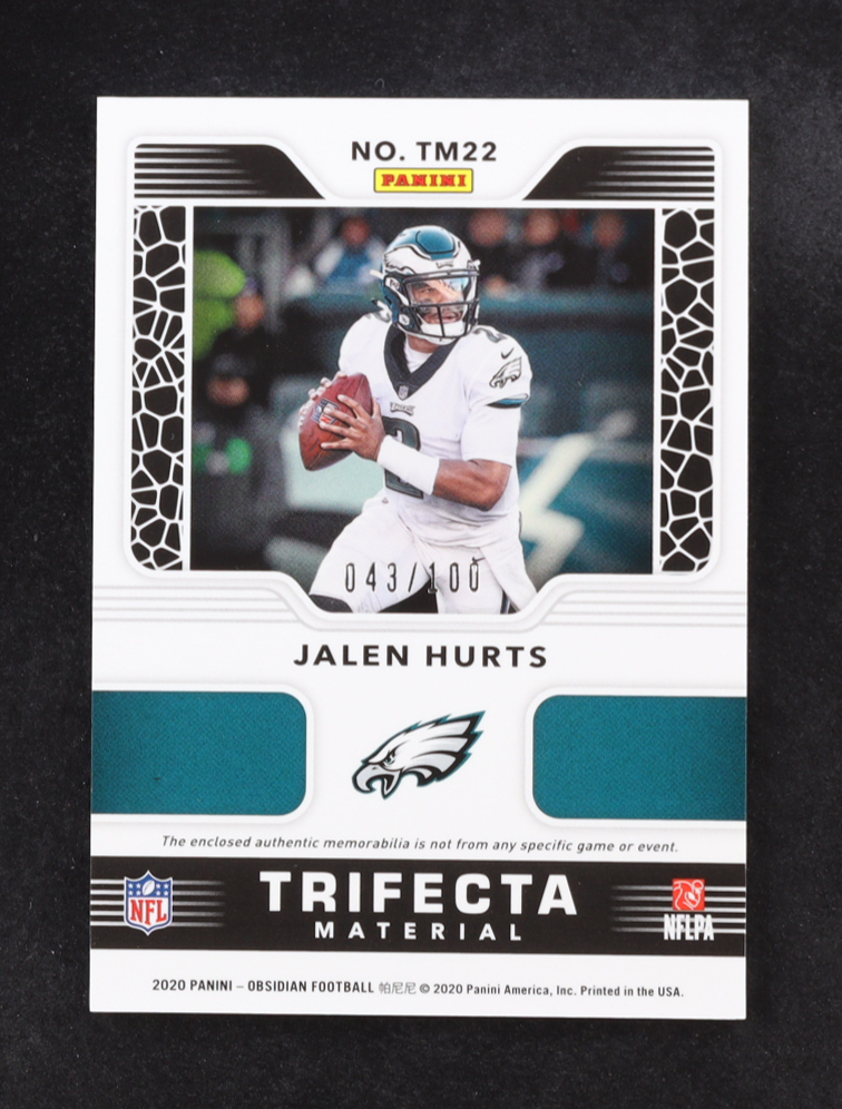 Jalen Hurts 2020 Panini Obsidian Trifecta Materials #22 RC #043/100 at PristineAuction.com Jalen Hurts 2020 Panini Obsidian Trifecta Materials #22 RC #043/100 at PristineAuction.com