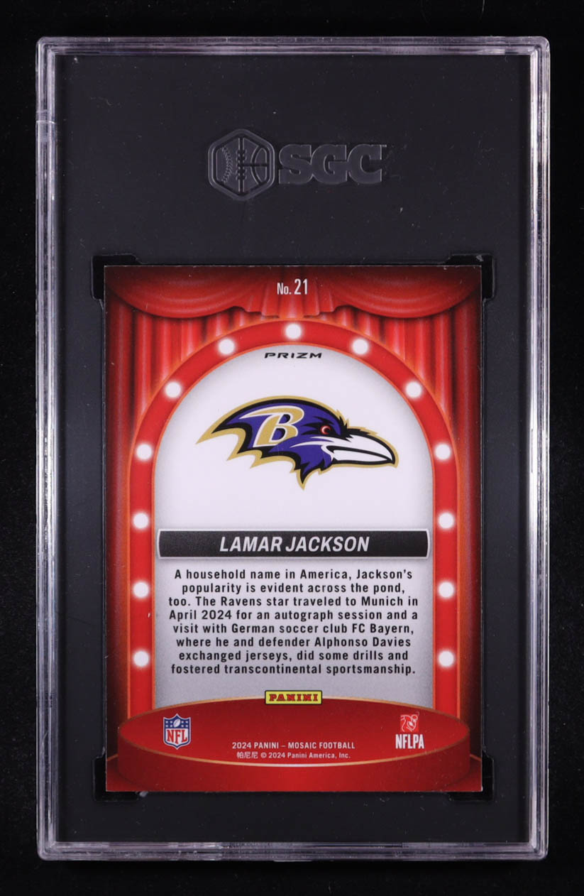 Lamar Jackson 2024 Panini Mosaic Center Stage #21 (SGC 9) at PristineAuction.com Lamar Jackson 2024 Panini Mosaic Center Stage #21 (SGC 9) at PristineAuction.com
