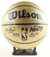 Larry Bird & Magic Johnson Signed NBA Basketball With Display Stand (PSA & Beckett) at PristineAuction.com