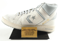 Magic Johnson Signed Converse All Star White Leather Shoe with Display Stand & Career Statistics Plaque (Beckett) at PristineAuction.com