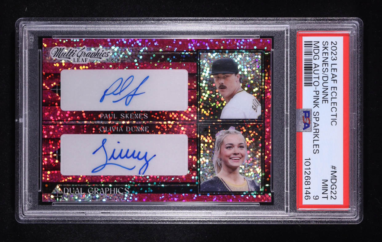 Paul Skenes RC / Olivia Dunne 2023 Leaf Eclectic MultiGraphics Pink Sparkles #MDG22 #5/7 (PSA 9) at PristineAuction.com Paul Skenes RC / Olivia Dunne 2023 Leaf Eclectic MultiGraphics Pink Sparkles #MDG22 #5/7 (PSA 9) at PristineAuction.com
