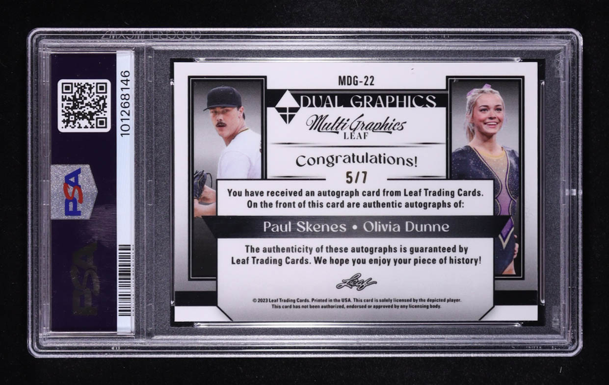 Paul Skenes RC / Olivia Dunne 2023 Leaf Eclectic MultiGraphics Pink Sparkles #MDG22 #5/7 (PSA 9) at PristineAuction.com Paul Skenes RC / Olivia Dunne 2023 Leaf Eclectic MultiGraphics Pink Sparkles #MDG22 #5/7 (PSA 9) at PristineAuction.com