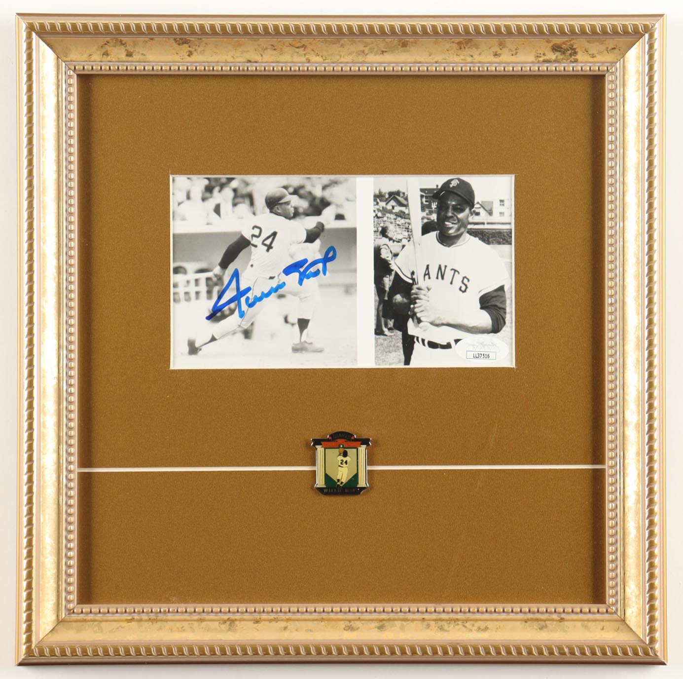 Willie Mays Signed Giants Custom Framed Photo Display with Vintage 1965 Lapel Pin (JSA) at PristineAuction.com Willie Mays Signed Giants Custom Framed Photo Display with Vintage 1965 Lapel Pin (JSA) at PristineAuction.com