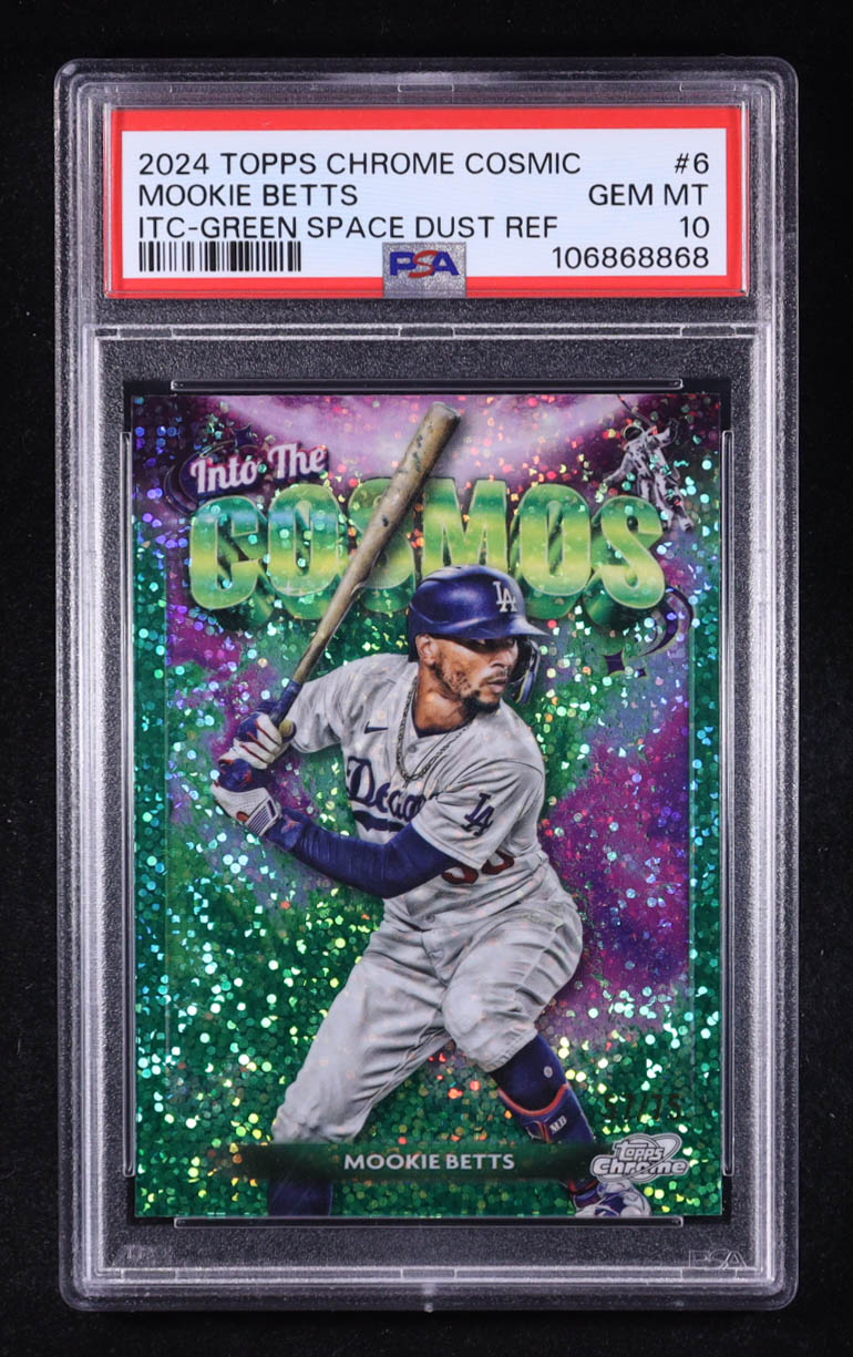 Mookie Betts 2024 Topps Cosmic Chrome Into the Cosmos Green Space Dust Refractors #ITC6 #57/75 (PSA 10) at PristineAuction.com Mookie Betts 2024 Topps Cosmic Chrome Into the Cosmos Green Space Dust Refractors #ITC6 #57/75 (PSA 10) at PristineAuction.com