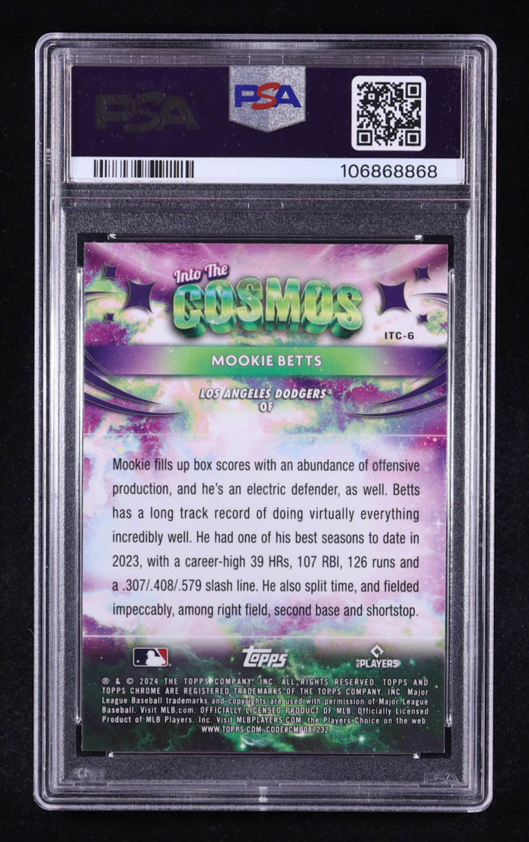 Mookie Betts 2024 Topps Cosmic Chrome Into the Cosmos Green Space Dust Refractors #ITC6 #57/75 (PSA 10) at PristineAuction.com Mookie Betts 2024 Topps Cosmic Chrome Into the Cosmos Green Space Dust Refractors #ITC6 #57/75 (PSA 10) at PristineAuction.com