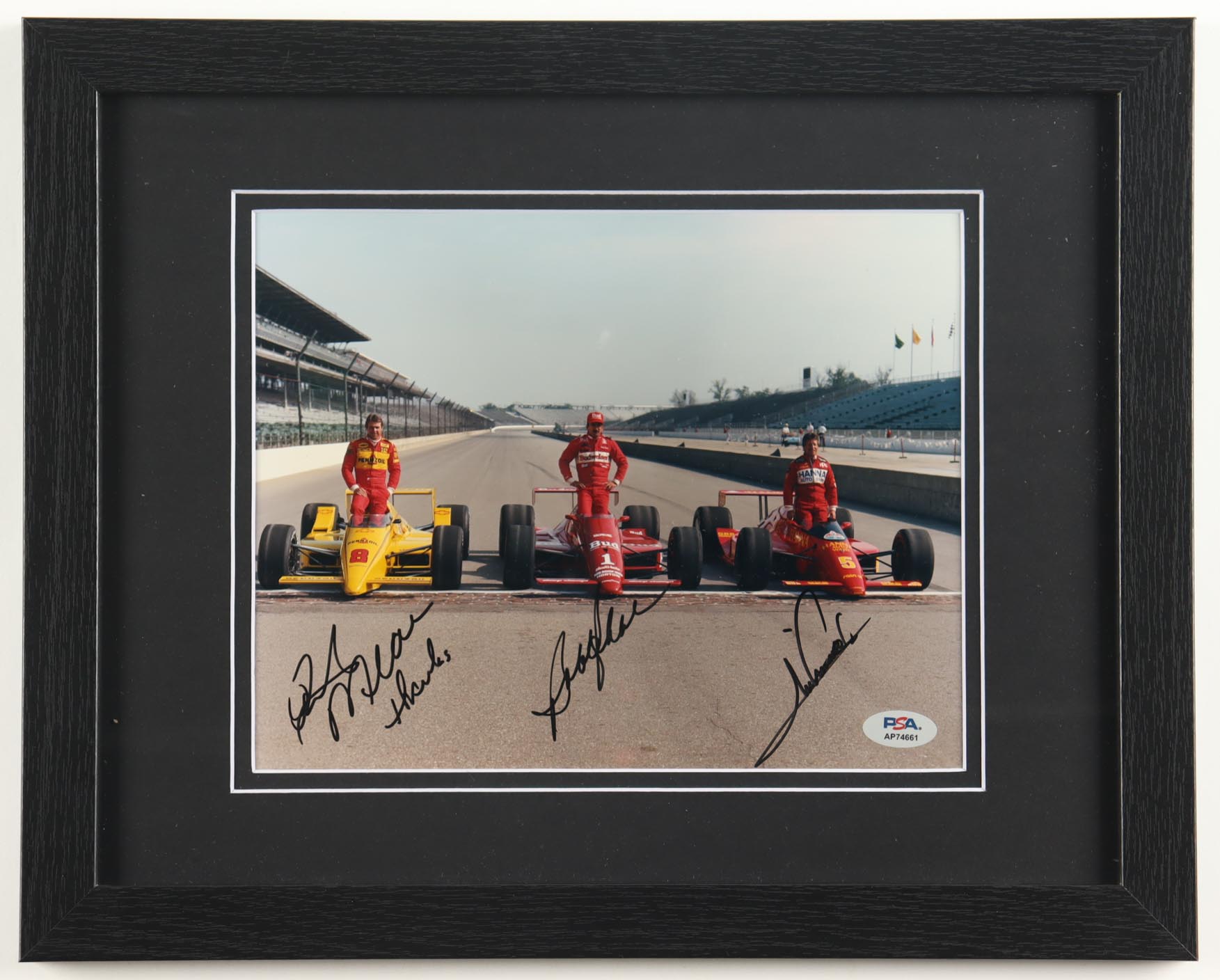 "Indianapolis 500" Custom Framed Photo Display Signed By (3) Mario Andretti, Bobby Unser, & Rick Mears (PSA) at PristineAuction.com "Indianapolis 500" Custom Framed Photo Display Signed By (3) Mario Andretti, Bobby Unser, & Rick Mears (PSA) at PristineAuction.com