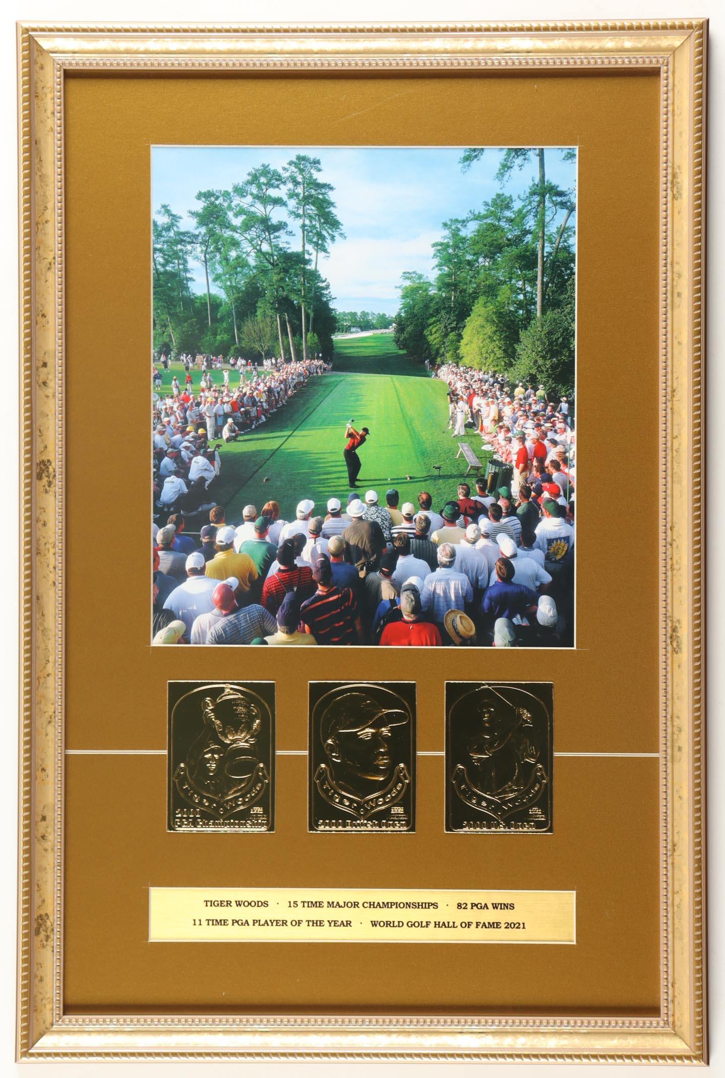 "Tiger Woods on the 18th Tee at the Masters" Custom Framed Photo Display with Set of (3) 23kt Gold Cards & Career Statistics Plaque at PristineAuction.com "Tiger Woods on the 18th Tee at the Masters" Custom Framed Photo Display with Set of (3) 23kt Gold Cards & Career Statistics Plaque at PristineAuction.com
