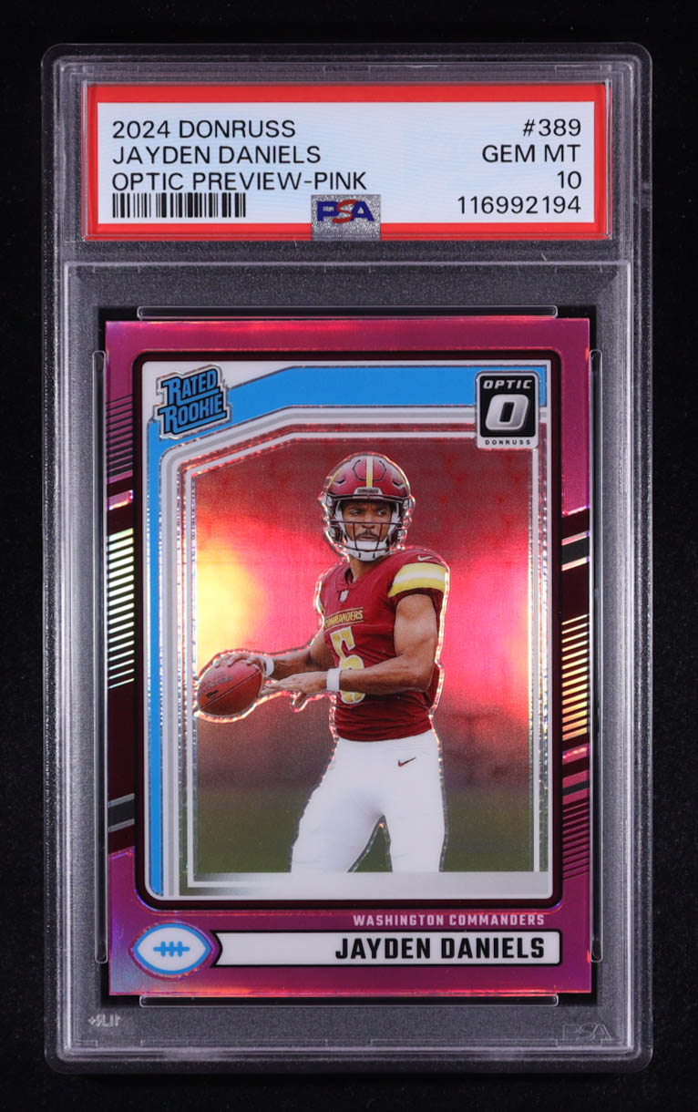 Jayden Daniels 2024 Donruss Optic Preview Pink #389 RC (PSA 10) at PristineAuction.com Jayden Daniels 2024 Donruss Optic Preview Pink #389 RC (PSA 10) at PristineAuction.com