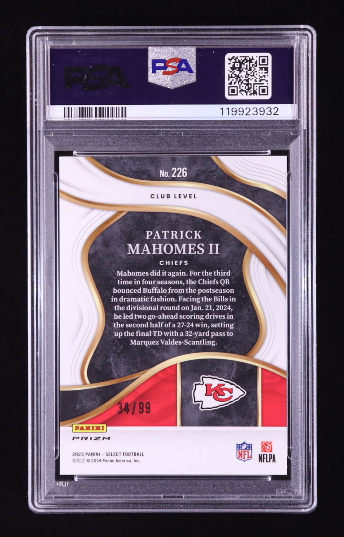 Patrick Mahomes II 2023 Select Prizm Blue #226 #34/99 (PSA 10) at PristineAuction.com Patrick Mahomes II 2023 Select Prizm Blue #226 #34/99 (PSA 10) at PristineAuction.com