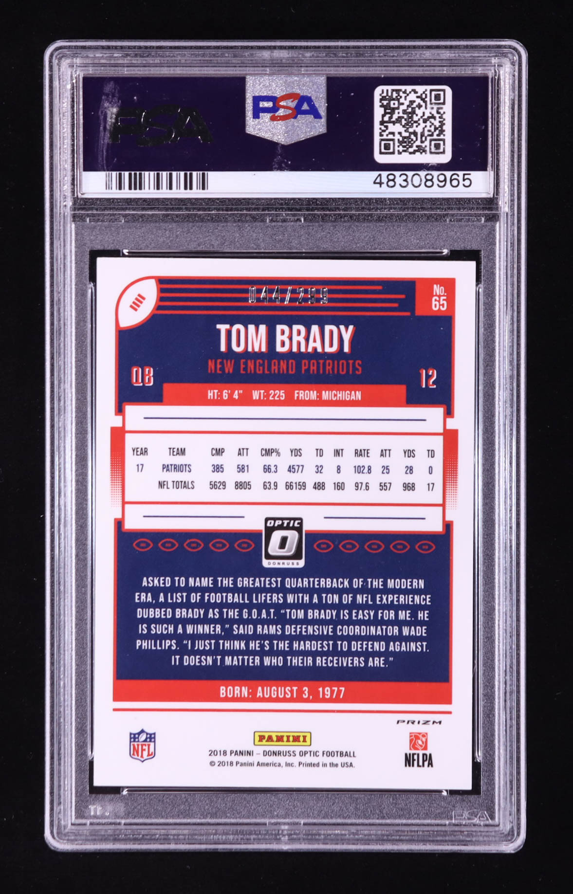 Tom Brady 2018 Donruss Optic Aqua #65 #44/299 (PSA 9) at PristineAuction.com Tom Brady 2018 Donruss Optic Aqua #65 #44/299 (PSA 9) at PristineAuction.com