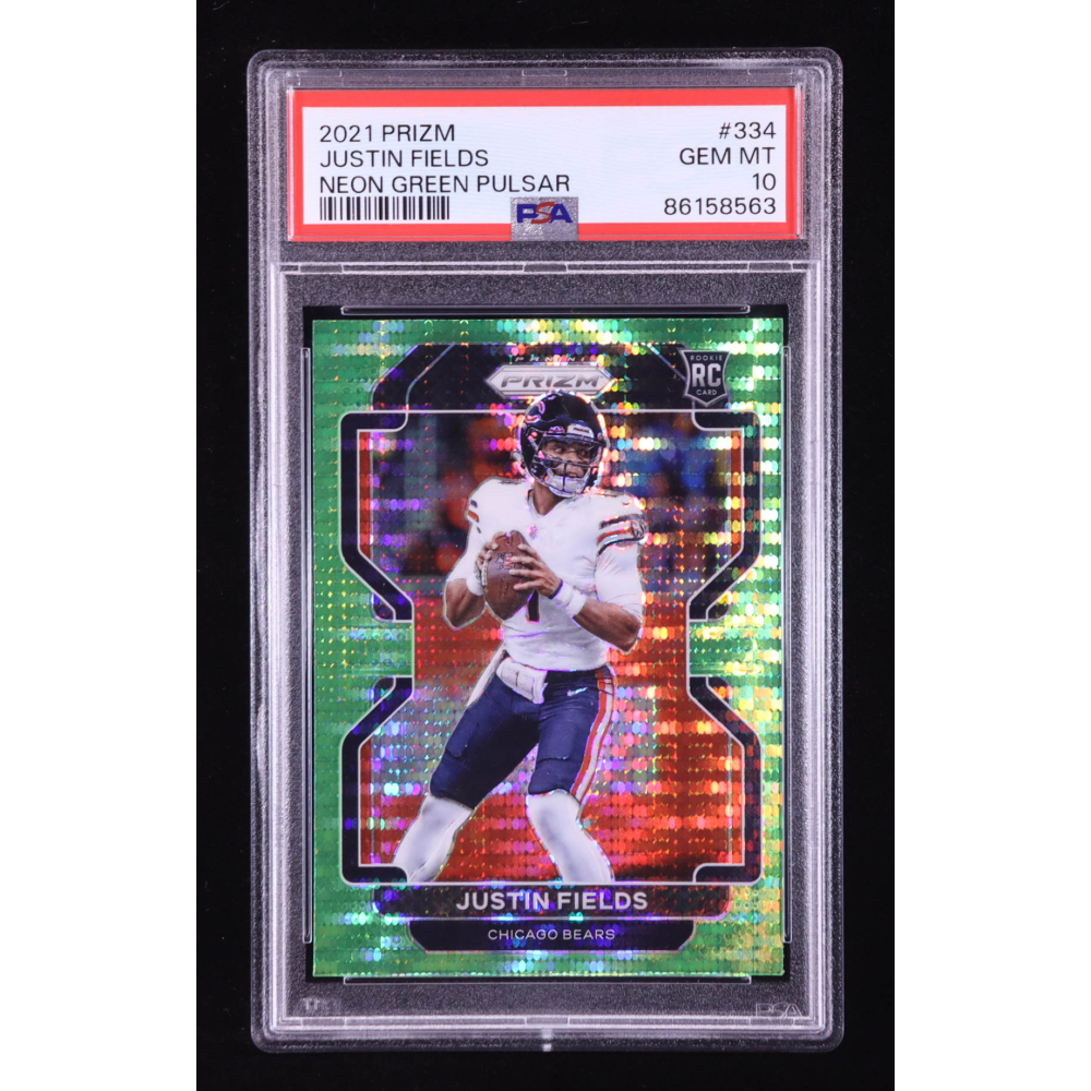 Justin Fields 2021 Panini Prizm Prizms Neon Green Pulsar #334 RC (PSA 10) at PristineAuction.com