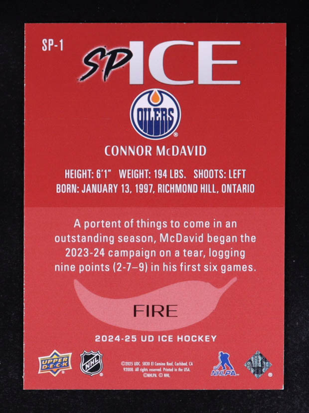Connor McDavid 2024-25 Upper Deck Ice SP Ice Level 4 Fire #SP1 at PristineAuction.com Connor McDavid 2024-25 Upper Deck Ice SP Ice Level 4 Fire #SP1 at PristineAuction.com