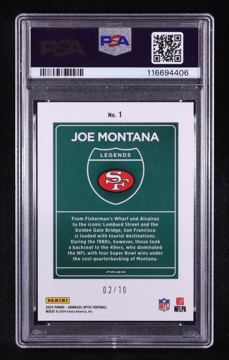 Joe Montana 2024 Donruss Optic Downtown Legends Gold #1 #2/10 (PSA 9) at PristineAuction.com Joe Montana 2024 Donruss Optic Downtown Legends Gold #1 #2/10 (PSA 9) at PristineAuction.com