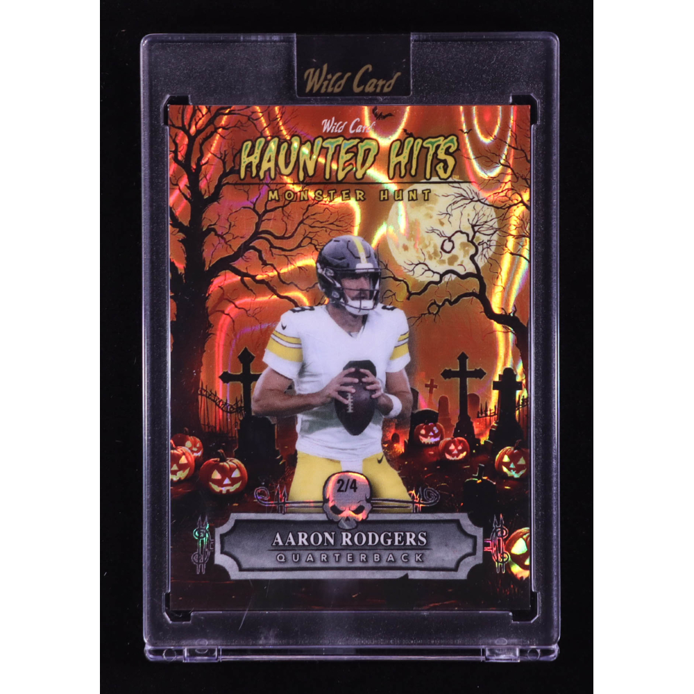 Aaron Rodgers 2025 Wild Card Haunted Hits Monster Hunt Orange Lava #HHCAR #2/4 at PristineAuction.com