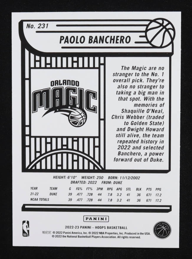 Paolo Banchero 2022-23 Hoops #231 RC at PristineAuction.com Paolo Banchero 2022-23 Hoops #231 RC at PristineAuction.com