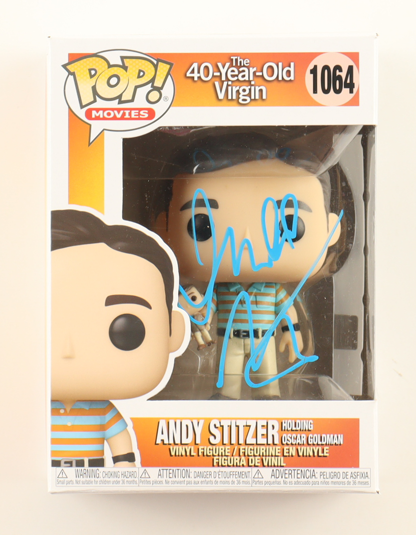 Judd Apatow Signed "The 40 Year Old Virgin" #1064 Andy Stitzer Holding Oscar Goldman Funko Pop! Vinyl Figure (Beckett) at PristineAuction.com Judd Apatow Signed "The 40 Year Old Virgin" #1064 Andy Stitzer Holding Oscar Goldman Funko Pop! Vinyl Figure (Beckett) at PristineAuction.com