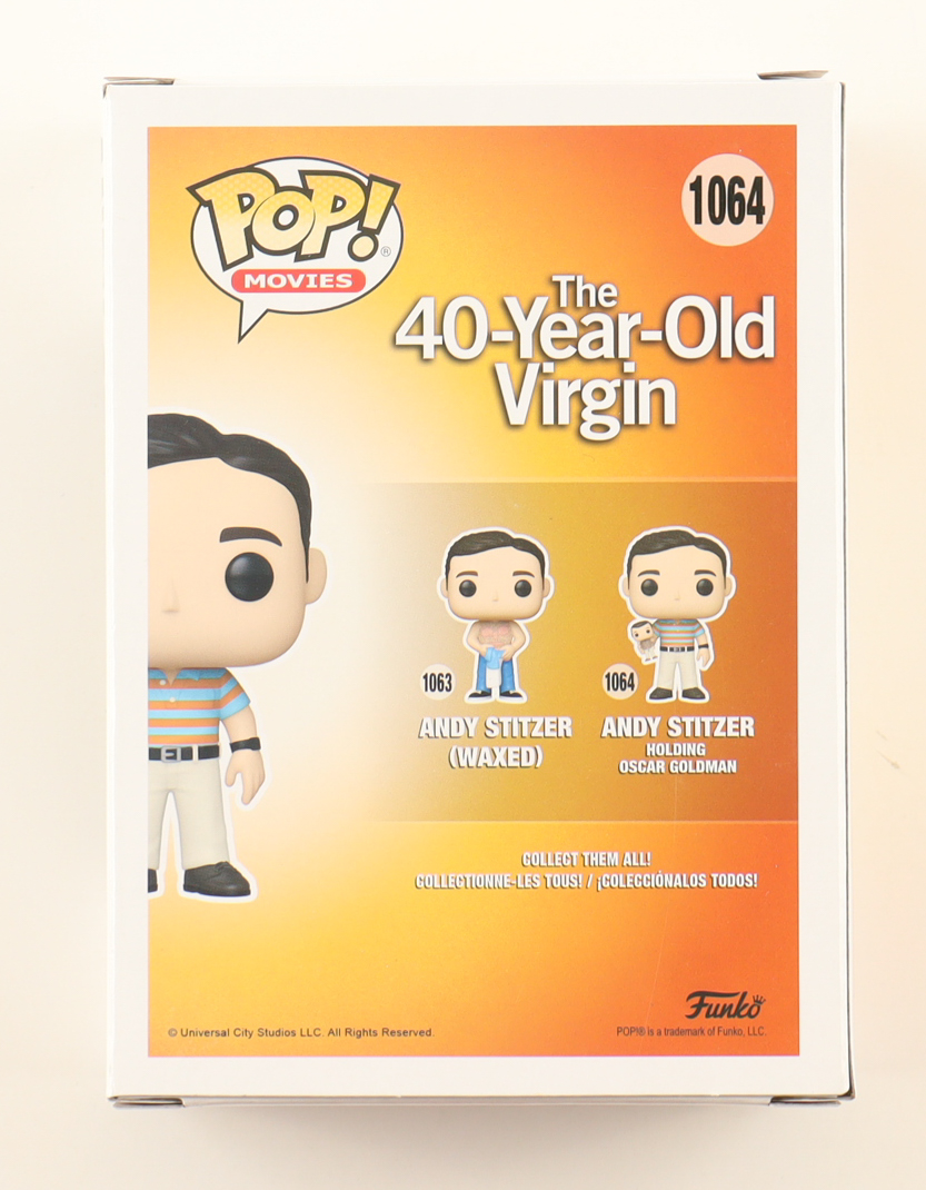 Judd Apatow Signed "The 40 Year Old Virgin" #1064 Andy Stitzer Holding Oscar Goldman Funko Pop! Vinyl Figure (Beckett) at PristineAuction.com Judd Apatow Signed "The 40 Year Old Virgin" #1064 Andy Stitzer Holding Oscar Goldman Funko Pop! Vinyl Figure (Beckett) at PristineAuction.com