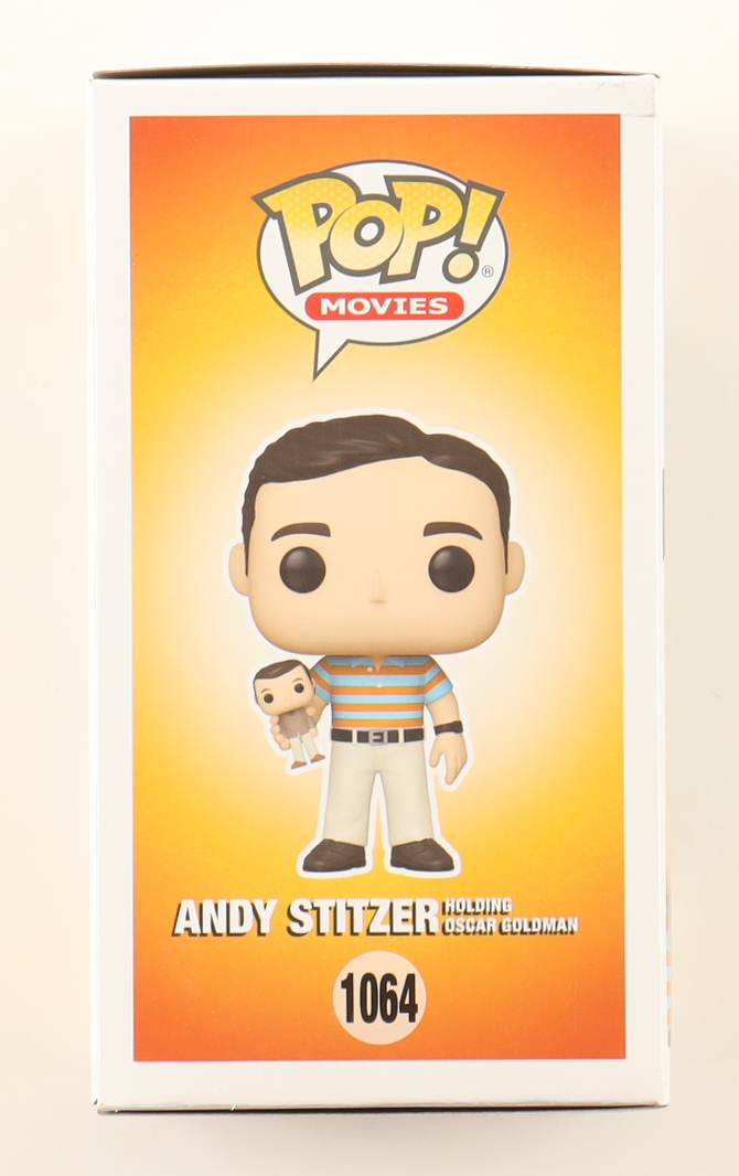 Judd Apatow Signed "The 40 Year Old Virgin" #1064 Andy Stitzer Holding Oscar Goldman Funko Pop! Vinyl Figure (Beckett) at PristineAuction.com Judd Apatow Signed "The 40 Year Old Virgin" #1064 Andy Stitzer Holding Oscar Goldman Funko Pop! Vinyl Figure (Beckett) at PristineAuction.com