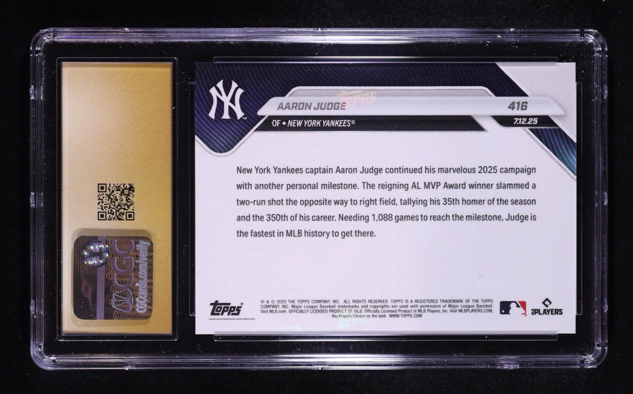 Aaron Judge 2025 Topps Now #416 (CGC 10 | Pristine Black Label) at PristineAuction.com Aaron Judge 2025 Topps Now #416 (CGC 10 | Pristine Black Label) at PristineAuction.com