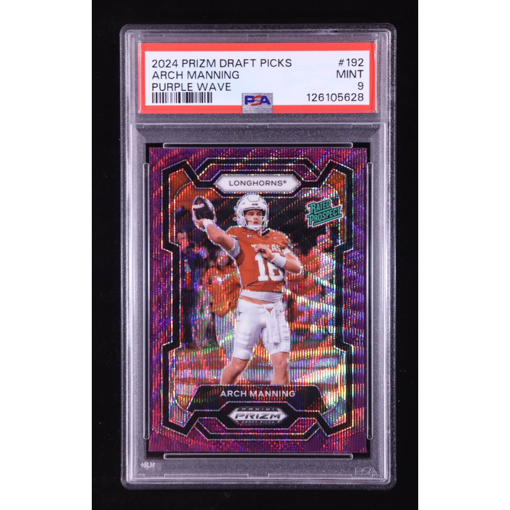 Arch Manning 2024 Panini Prizm Draft Picks Prizms Purple Wave #192 RC (PSA 9) at PristineAuction.com