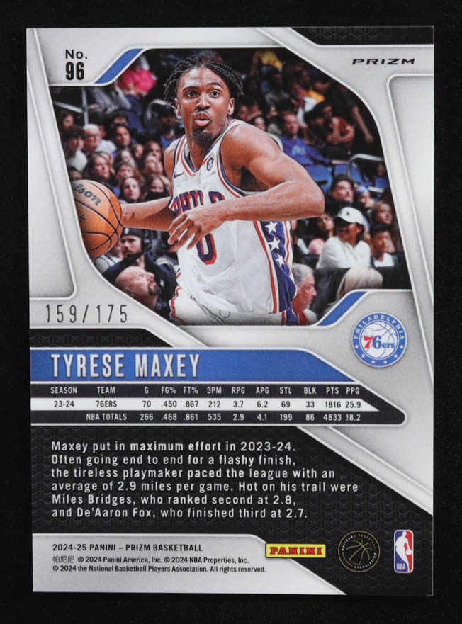 Tyrese Maxey 2024-25 Panini Prizm Prizms White #96 #159/175 at PristineAuction.com Tyrese Maxey 2024-25 Panini Prizm Prizms White #96 #159/175 at PristineAuction.com