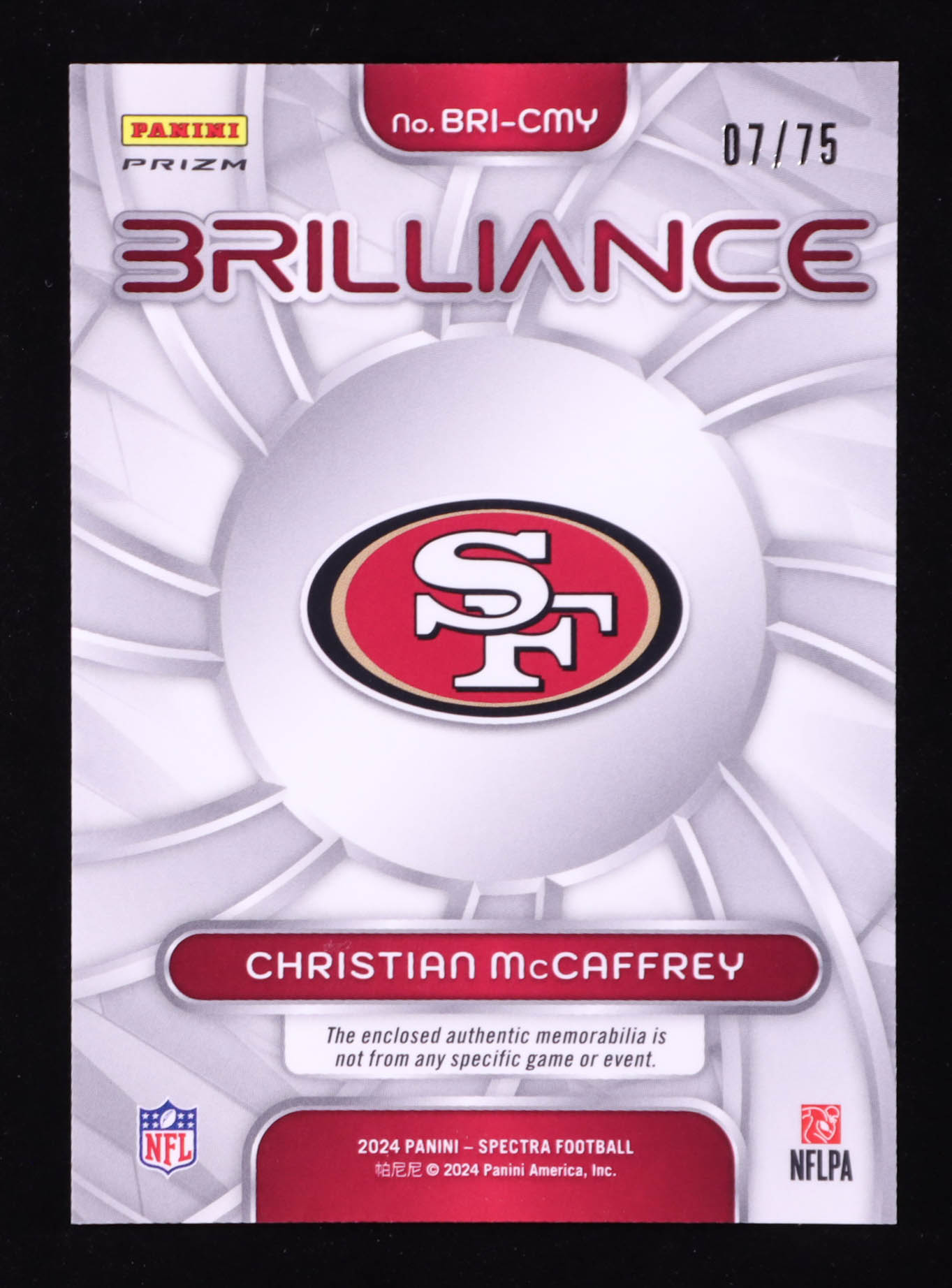 Christian McCaffrey 2024 Panini Spectra Brilliance Materials Celestial #14 #7/75 at PristineAuction.com Christian McCaffrey 2024 Panini Spectra Brilliance Materials Celestial #14 #7/75 at PristineAuction.com