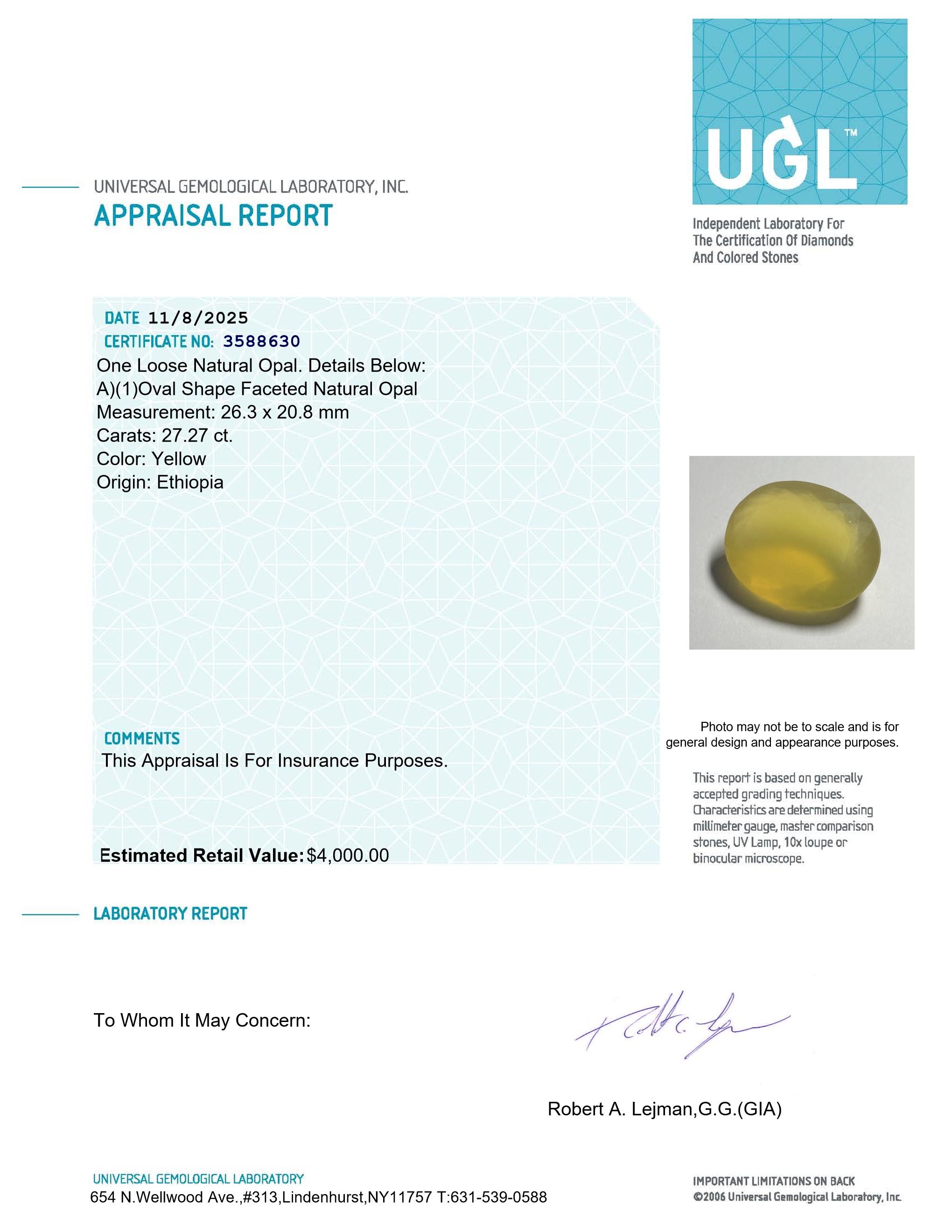 27.27 Carats Natural Yellow Opal Loose | Estimated Retail Value $4,000 (UGL) at PristineAuction.com 27.27 Carats Natural Yellow Opal Loose | Estimated Retail Value $4,000 (UGL) at PristineAuction.com