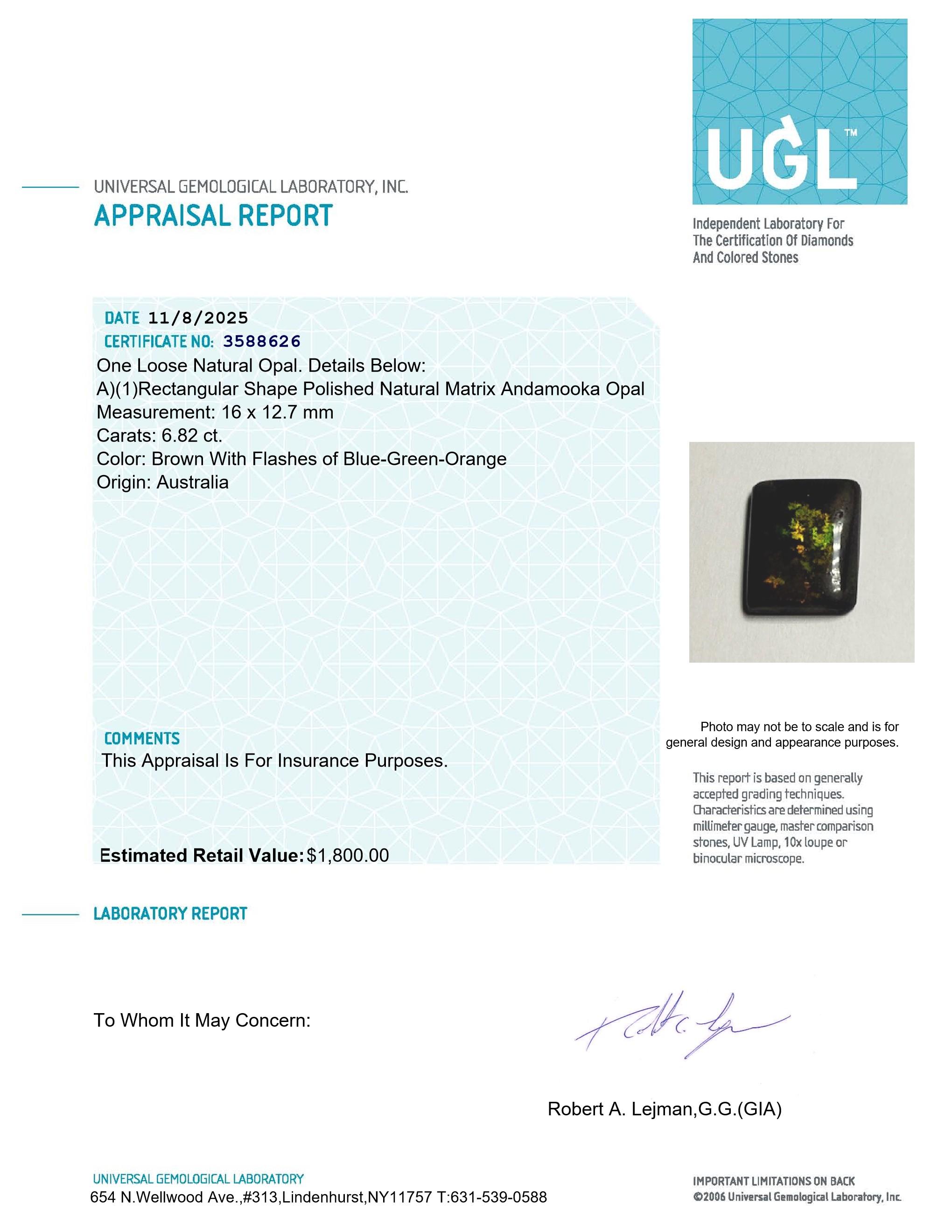 6.82 Carats Natural Opal Loose | Estimated Retail Value $1,800 (UGL) at PristineAuction.com 6.82 Carats Natural Opal Loose | Estimated Retail Value $1,800 (UGL) at PristineAuction.com