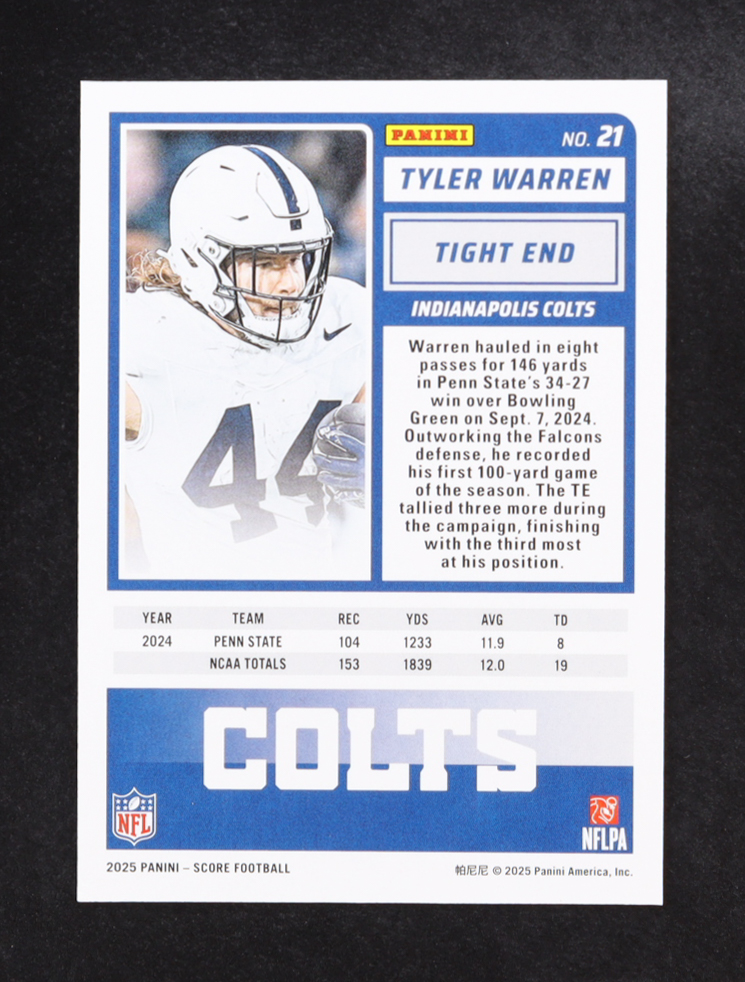 Tyler Warren 2025 Score Rookies #21 RC at PristineAuction.com Tyler Warren 2025 Score Rookies #21 RC at PristineAuction.com