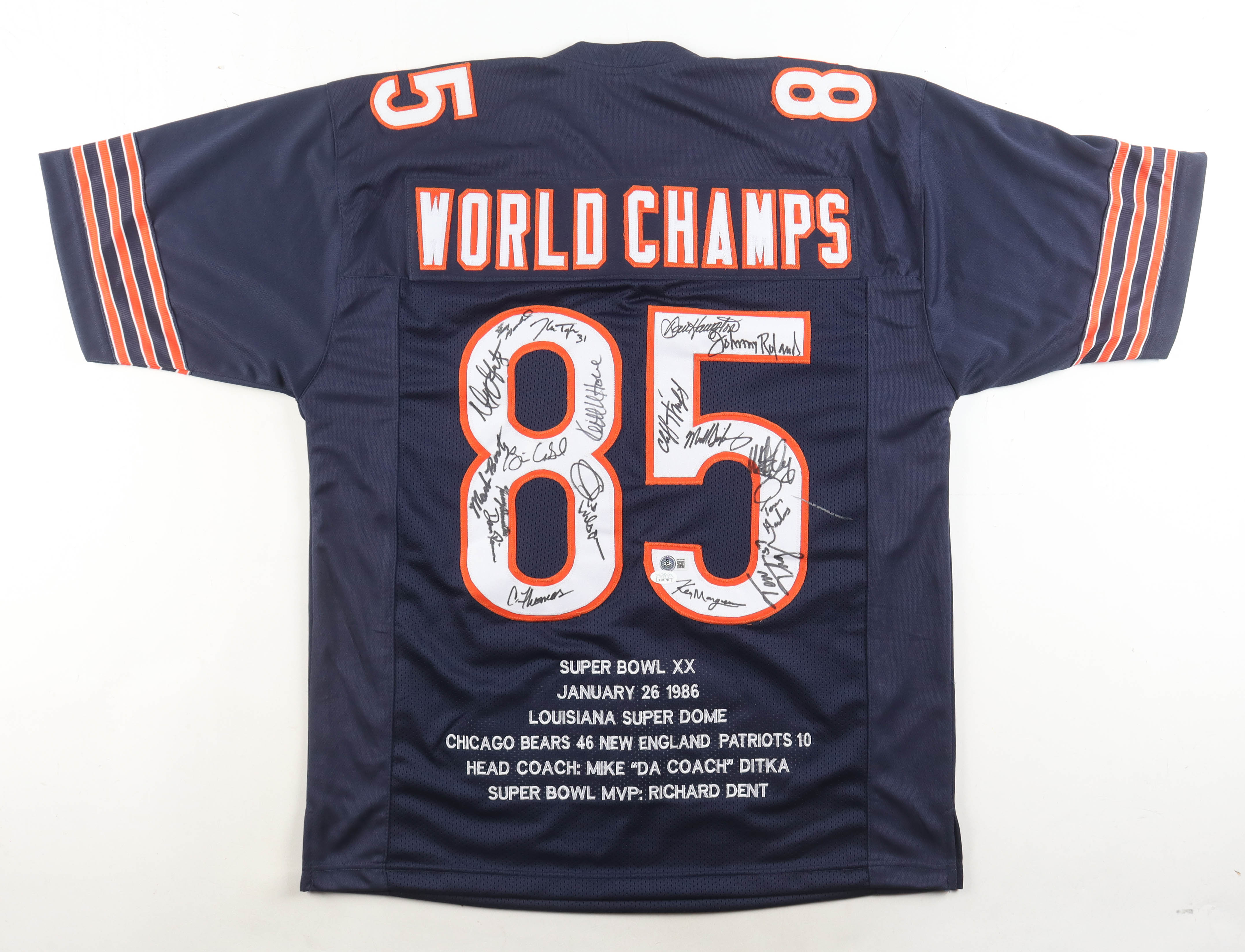 1985 Chicago Bears Super Bowl XX Highlight Jersey Team-Signed by (18) With William Perry, Dan Hampton, Mike Singletary, Otis Wilson (JSA & Beckett) at PristineAuction.com 1985 Chicago Bears Super Bowl XX Highlight Jersey Team-Signed by (18) With William Perry, Dan Hampton, Mike Singletary, Otis Wilson (JSA & Beckett) at PristineAuction.com