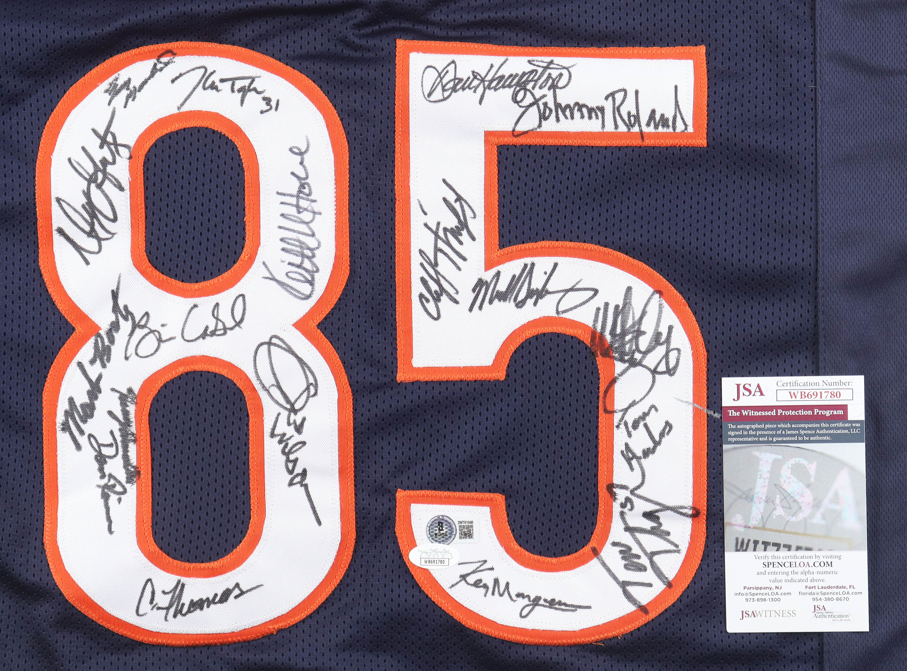 1985 Chicago Bears Super Bowl XX Highlight Jersey Team-Signed by (18) With William Perry, Dan Hampton, Mike Singletary, Otis Wilson (JSA & Beckett) at PristineAuction.com 1985 Chicago Bears Super Bowl XX Highlight Jersey Team-Signed by (18) With William Perry, Dan Hampton, Mike Singletary, Otis Wilson (JSA & Beckett) at PristineAuction.com