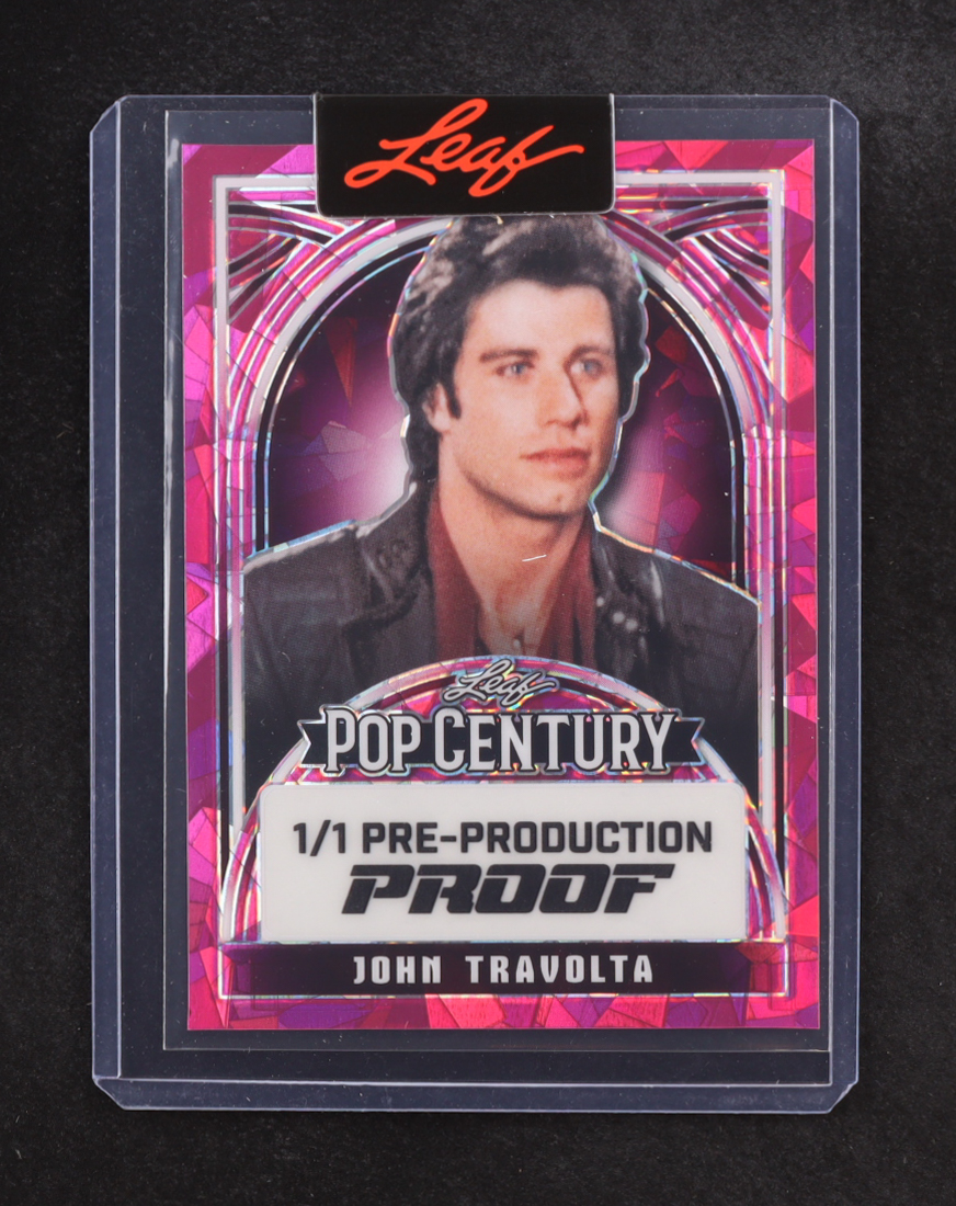 John Travolta 2024 Leaf Metal Pop Century Pink Pre-Production Proof #1/1 at PristineAuction.com John Travolta 2024 Leaf Metal Pop Century Pink Pre-Production Proof #1/1 at PristineAuction.com